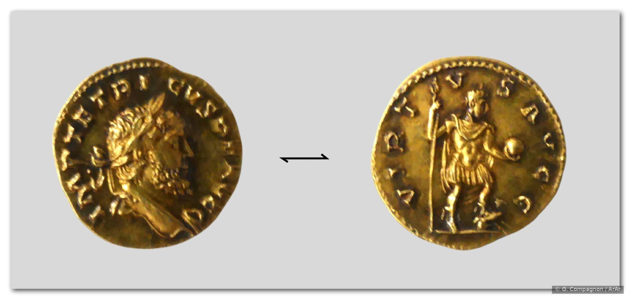 Monnaie de Tétricus en or massif, avers et revers, découverte dans le temple M3.